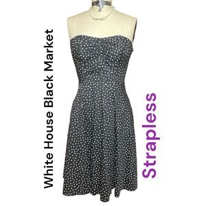 White House Black Market Strapless Dress 3/4 Moon Polka Dot Sz 4 Black & White